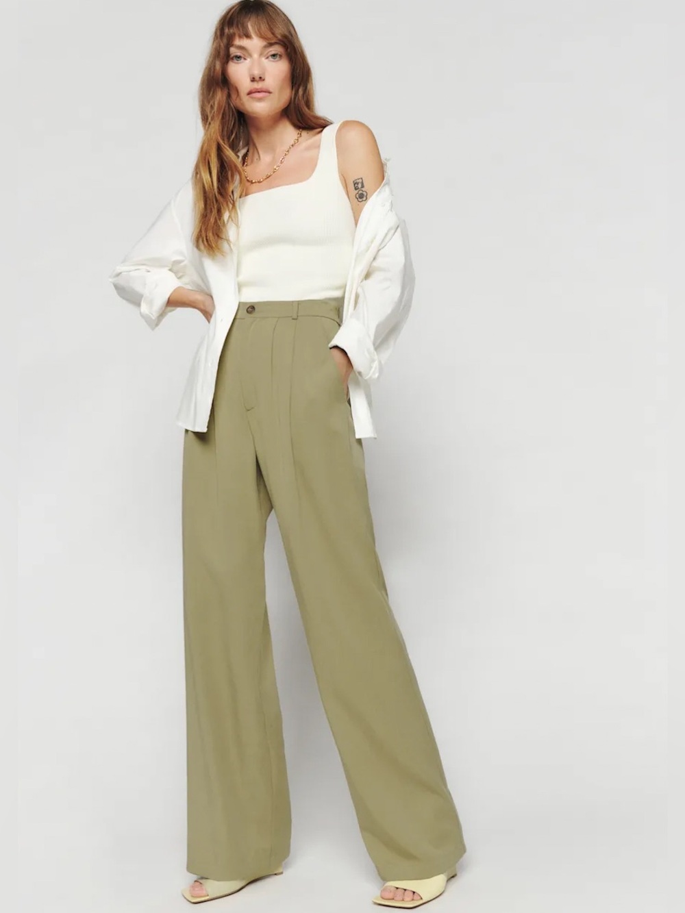 Reformation Mason High Waist Trouser in Olive Oil